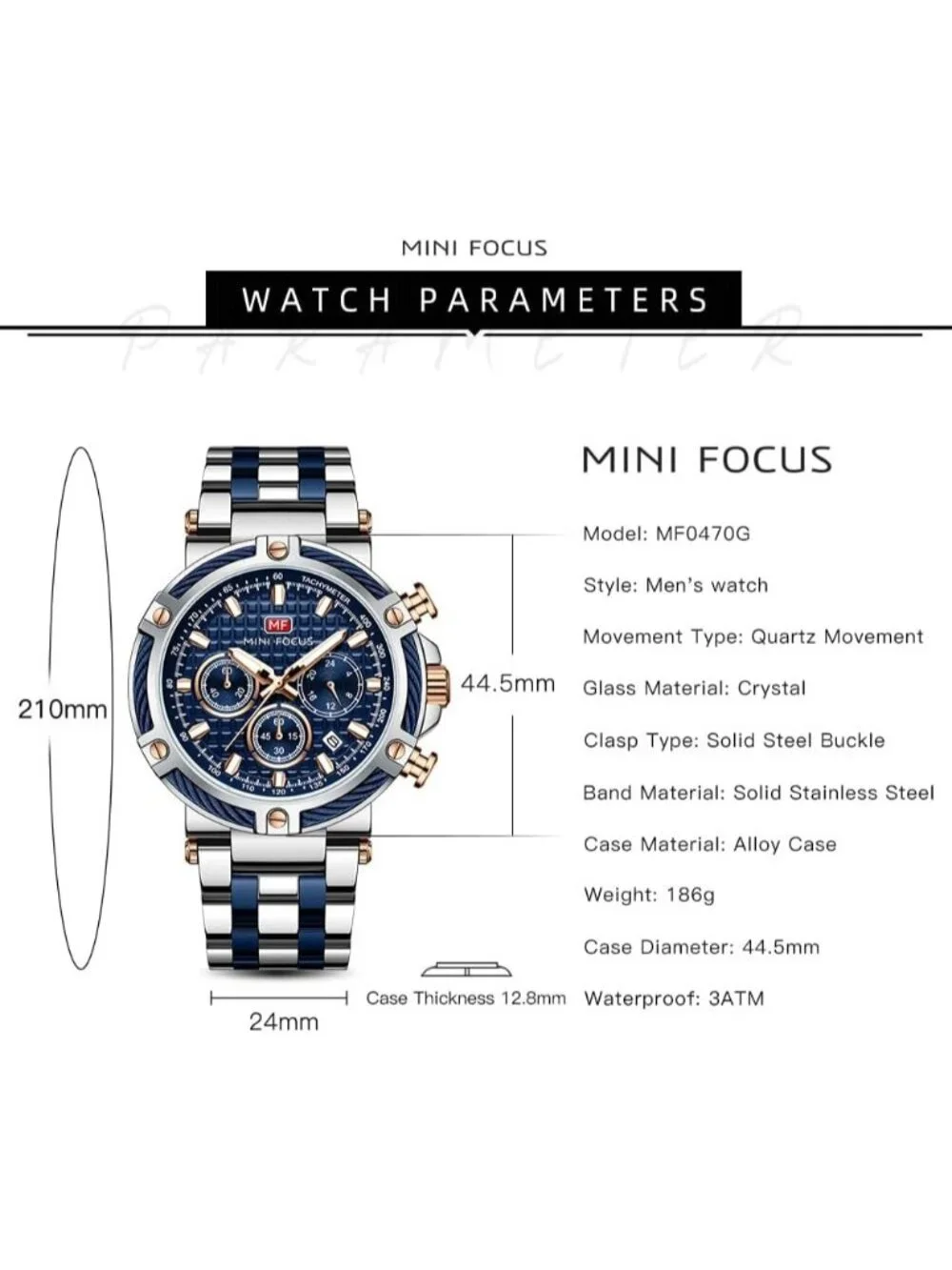 Men Silver Blue Stainless Steel Band Chronograph Waterproof Luminous Wrist Watch